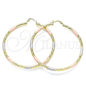 Gold Filled Hoop Earrings — Large Hoop Hollow Design Diamond Cutting Tricolor 02. — main product view — SKU 143815 | Oro Laminado aretes de aro — Large Hoop Hollow diseño Diamond Cutting Tricolor 02. — SKU 143815