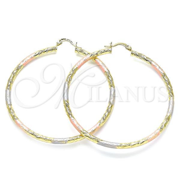 Gold Filled Hoop Earrings — Large Hoop Hollow Design Diamond Cutting Tricolor 02. — main product view — SKU 143815 | Oro Laminado aretes de aro — Large Hoop Hollow diseño Diamond Cutting Tricolor 02. — SKU 143815