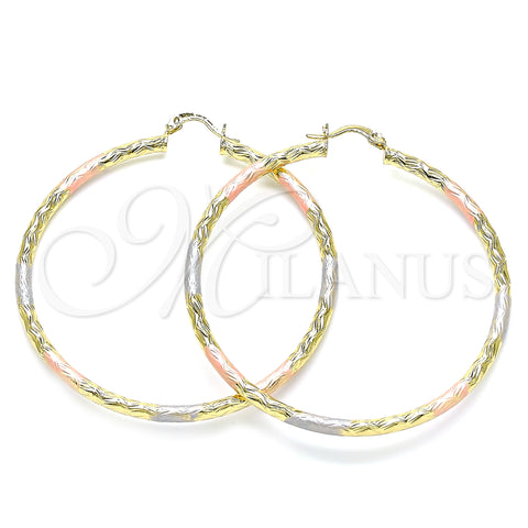Oro Laminado Large Hoop, Gold Filled Style Hollow Design, Diamond Cutting Finish, Tricolor, 02.213.0245.60
