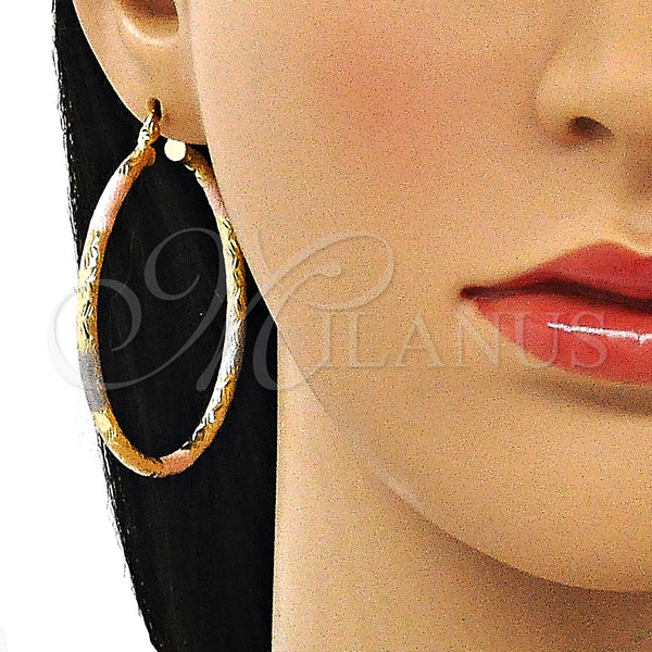Gold Filled Hoop Earrings — Large Hoop Diamond Cutting Tricolor 02. — alternate product view — SKU 143816 | Oro Laminado aretes de aro — Large Hoop Diamond Cutting Tricolor 02. — SKU 143816