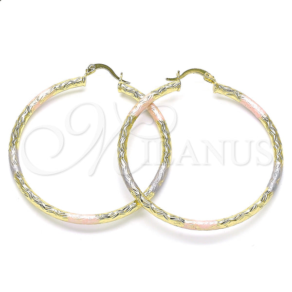 Gold Filled Hoop Earrings — Large Hoop Diamond Cutting Tricolor 02. — main product view — SKU 143816 | Oro Laminado aretes de aro — Large Hoop Diamond Cutting Tricolor 02. — SKU 143816