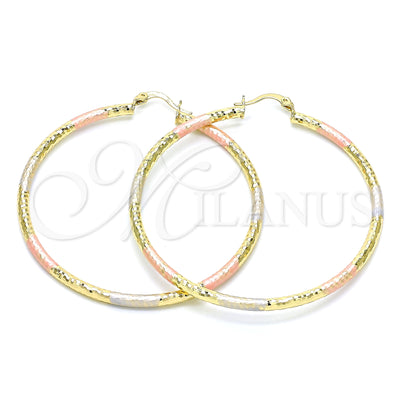 Oro Laminado aretes de aro — Large Hoop Diamond Cutting Tricolor 02. por Mayoreo, vista principal del producto