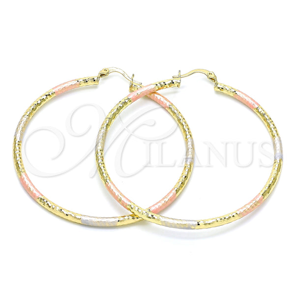 Gold Filled Hoop Earrings — Large Hoop Diamond Cutting Tricolor 02. — main product view — SKU 143824 | Oro Laminado aretes de aro — Large Hoop Diamond Cutting Tricolor 02. — SKU 143824
