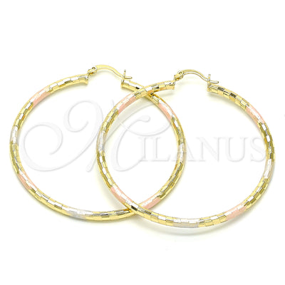 Oro Laminado aretes de aro — Large Hoop Diamond Cutting Tricolor 02. por Mayoreo, vista principal del producto