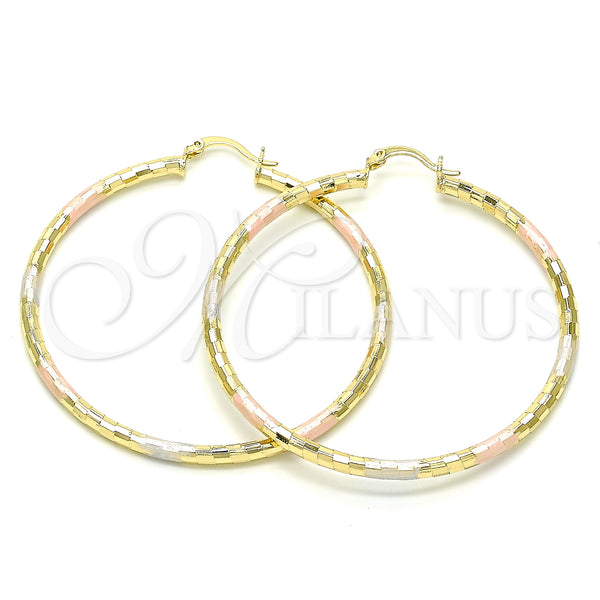 Gold Filled Hoop Earrings — Large Hoop Diamond Cutting Tricolor 02. — main product view — SKU 143825 | Oro Laminado aretes de aro — Large Hoop Diamond Cutting Tricolor 02. — SKU 143825