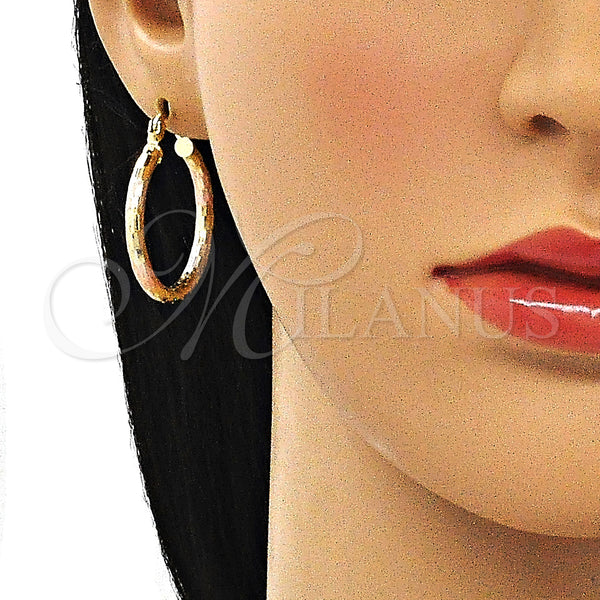 Gold Filled Hoop Earrings — Medium Hoop Hollow Design Diamond Cutting Tricolor 02. — alternate product view — SKU 143834 | Oro Laminado aretes de aro — Medium Hoop Hollow diseño Diamond Cutting Tricolor 02. — SKU 143834