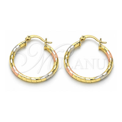 Oro Laminado Medium Hoop, Gold Filled Style Hollow Design, Diamond Cutting Finish, Tricolor, 02.213.0156.1.30