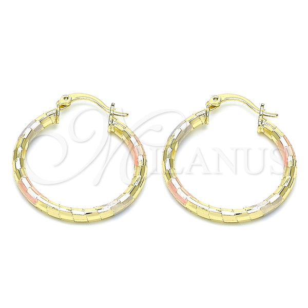 Gold Filled Hoop Earrings — Medium Hoop Hollow Design Diamond Cutting Tricolor 02. — main product view — SKU 143834 | Oro Laminado aretes de aro — Medium Hoop Hollow diseño Diamond Cutting Tricolor 02. — SKU 143834