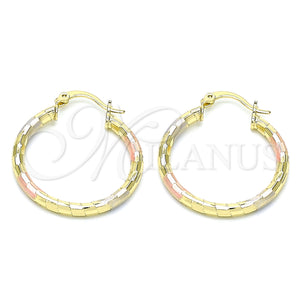 Gold Filled Hoop Earrings — Medium Hoop Hollow Design Diamond Cutting Tricolor 02. — main product view — SKU 143834 | Oro Laminado aretes de aro — Medium Hoop Hollow diseño Diamond Cutting Tricolor 02. — SKU 143834