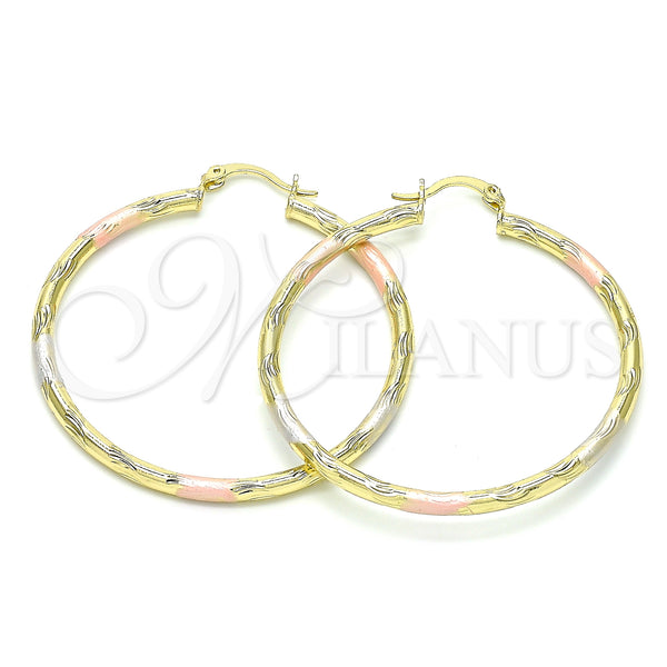 Gold Filled Hoop Earrings — Large Hoop Diamond Cutting Tricolor 02. — main product view — SKU 143839 | Oro Laminado aretes de aro — Large Hoop Diamond Cutting Tricolor 02. — SKU 143839