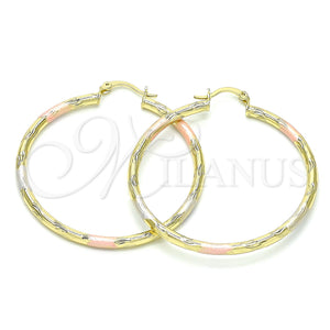 Gold Filled Hoop Earrings — Large Hoop Diamond Cutting Tricolor 02. — main product view — SKU 143839 | Oro Laminado aretes de aro — Large Hoop Diamond Cutting Tricolor 02. — SKU 143839