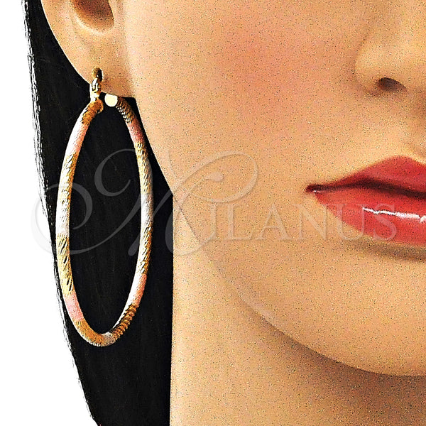 Gold Filled Hoop Earrings — Large Hoop Hollow Design Diamond Cutting Tricolor 02. — alternate product view — SKU 143846 | Oro Laminado aretes de aro — Large Hoop Hollow diseño Diamond Cutting Tricolor 02. — SKU 143846
