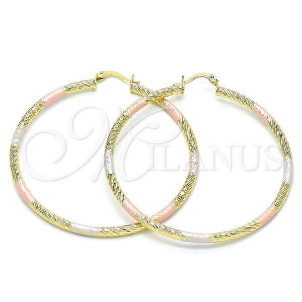 Gold Filled Hoop Earrings — Large Hoop Hollow Design Diamond Cutting Tricolor 02. — main product view — SKU 143846 | Oro Laminado aretes de aro — Large Hoop Hollow diseño Diamond Cutting Tricolor 02. — SKU 143846