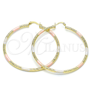 Gold Filled Hoop Earrings — Large Hoop Hollow Design Diamond Cutting Tricolor 02. — main product view — SKU 143846 | Oro Laminado aretes de aro — Large Hoop Hollow diseño Diamond Cutting Tricolor 02. — SKU 143846