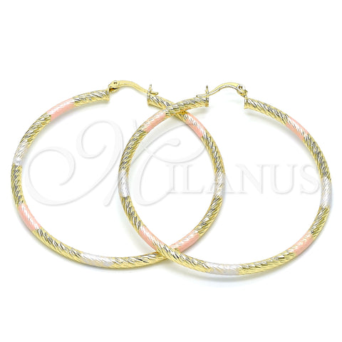 Oro Laminado Large Hoop, Gold Filled Style Hollow Design, Diamond Cutting Finish, Tricolor, 02.213.0247.60