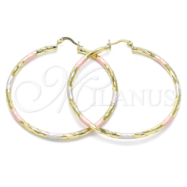 Gold Filled Hoop Earrings — Large Hoop Diamond Cutting Tricolor 02. — main product view — SKU 143855 | Oro Laminado aretes de aro — Large Hoop Diamond Cutting Tricolor 02. — SKU 143855