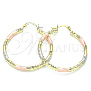 Gold Filled Hoop Earrings — Medium Hoop Diamond Cutting Tricolor 02. — main product view — SKU 143859 | Oro Laminado aretes de aro — Medium Hoop Diamond Cutting Tricolor 02. — SKU 143859