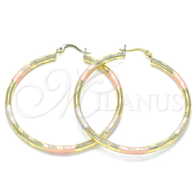 Oro Laminado aretes de aro — Large Hoop Diamond Cutting Tricolor 02. por Mayoreo, vista principal del producto