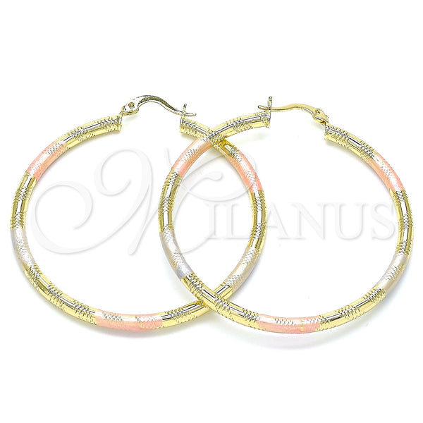 Gold Filled Hoop Earrings — Large Hoop Diamond Cutting Tricolor 02. — main product view — SKU 143863 | Oro Laminado aretes de aro — Large Hoop Diamond Cutting Tricolor 02. — SKU 143863
