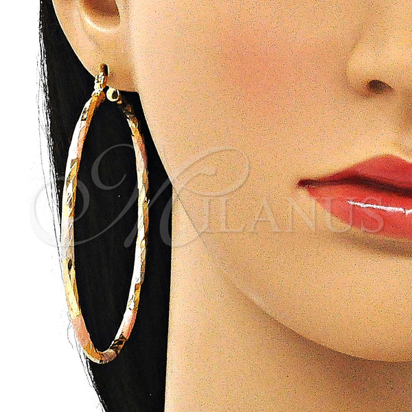 Gold Filled Hoop Earrings — Extra Large Hoop Diamond Cutting Tricolor 02. — alternate product view — SKU 143864 | Oro Laminado aretes de aro — Extra Large Hoop Diamond Cutting Tricolor 02. — SKU 143864