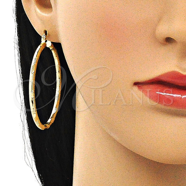 Gold Filled Hoop Earrings — Large Hoop Hollow Design Diamond Cutting 02. — alternate product view — SKU 143865 | Oro Laminado aretes de aro — Large Hoop Hollow diseño Diamond Cutting 02. — SKU 143865