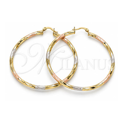 Oro Laminado Large Hoop, Gold Filled Style Hollow Design, Diamond Cutting Finish, Tricolor, 02.213.0249.60