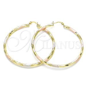 Gold Filled Hoop Earrings — Large Hoop Hollow Design Diamond Cutting Tricolor 02. — main product view — SKU 143875 | Oro Laminado aretes de aro — Large Hoop Hollow diseño Diamond Cutting Tricolor 02. — SKU 143875