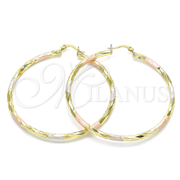 Gold Filled Hoop Earrings — Large Hoop Hollow Design Diamond Cutting Tricolor 02. — main product view — SKU 143875 | Oro Laminado aretes de aro — Large Hoop Hollow diseño Diamond Cutting Tricolor 02. — SKU 143875
