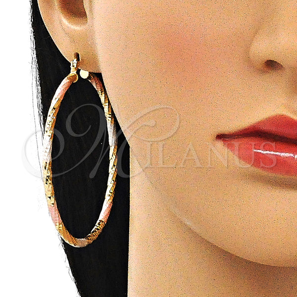 Gold Filled Hoop Earrings — Large Hoop Diamond Cutting Tricolor 02. — alternate product view — SKU 143877 | Oro Laminado aretes de aro — Large Hoop Diamond Cutting Tricolor 02. — SKU 143877