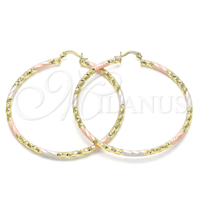 Oro Laminado aretes de aro — Large Hoop Diamond Cutting Tricolor 02. por Mayoreo, vista principal del producto