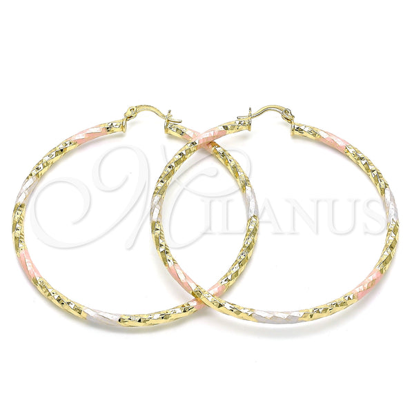 Gold Filled Hoop Earrings — Large Hoop Diamond Cutting Tricolor 02. — main product view — SKU 143877 | Oro Laminado aretes de aro — Large Hoop Diamond Cutting Tricolor 02. — SKU 143877