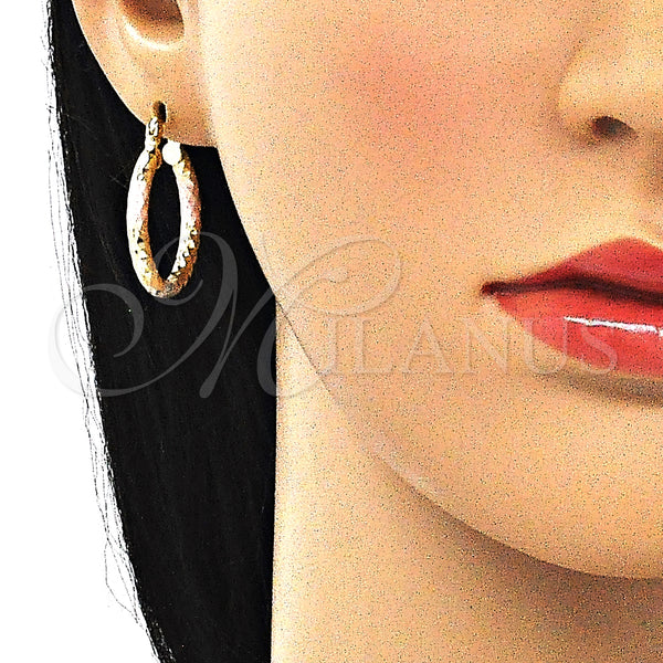 Gold Filled Hoop Earrings — Small Hoop Hollow Design Diamond Cutting Tricolor 02. — alternate product view — SKU 143889 | Oro Laminado aretes de aro — Small Hoop Hollow diseño Diamond Cutting Tricolor 02. — SKU 143889