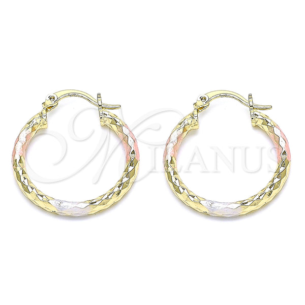 Gold Filled Hoop Earrings — Small Hoop Hollow Design Diamond Cutting Tricolor 02. — main product view — SKU 143889 | Oro Laminado aretes de aro — Small Hoop Hollow diseño Diamond Cutting Tricolor 02. — SKU 143889