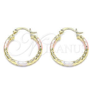 Gold Filled Hoop Earrings — Small Hoop Hollow Design Diamond Cutting Tricolor 02. — main product view — SKU 143889 | Oro Laminado aretes de aro — Small Hoop Hollow diseño Diamond Cutting Tricolor 02. — SKU 143889