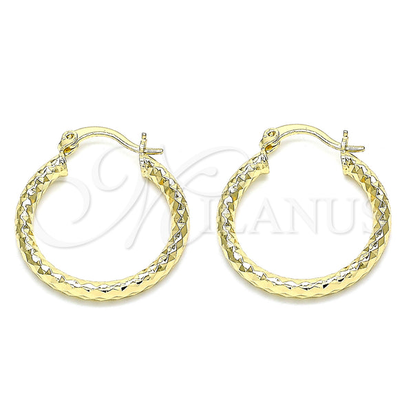 Gold Filled Hoop Earrings — Small Hoop Hollow Design Diamond Cutting 02. — main product view — SKU 143892 | Oro Laminado aretes de aro — Small Hoop Hollow diseño Diamond Cutting 02. — SKU 143892