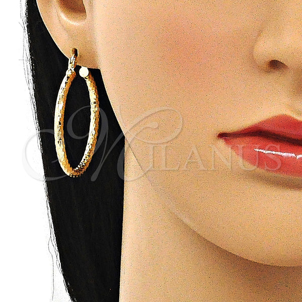 Gold Filled Hoop Earrings — Medium Hoop Hollow Design Diamond Cutting 02. — alternate product view — SKU 143897 | Oro Laminado aretes de aro — Medium Hoop Hollow diseño Diamond Cutting 02. — SKU 143897