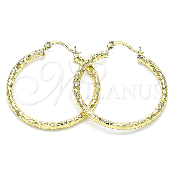 Gold Filled Hoop Earrings — Medium Hoop Hollow Design Diamond Cutting 02. — main product view — SKU 143897 | Oro Laminado aretes de aro — Medium Hoop Hollow diseño Diamond Cutting 02. — SKU 143897