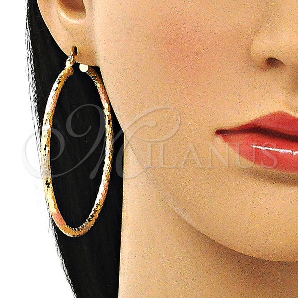 Gold Filled Hoop Earrings — Large Hoop Hollow Design Diamond Cutting Tricolor 02. — alternate product view — SKU 143900 | Oro Laminado aretes de aro — Large Hoop Hollow diseño Diamond Cutting Tricolor 02. — SKU 143900