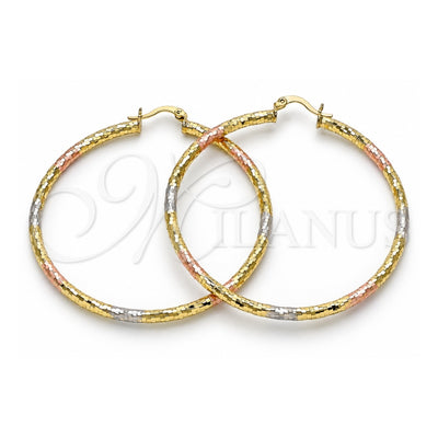 Oro Laminado Large Hoop, Gold Filled Style Hollow Design, Diamond Cutting Finish, Tricolor, 02.213.0252.1.60