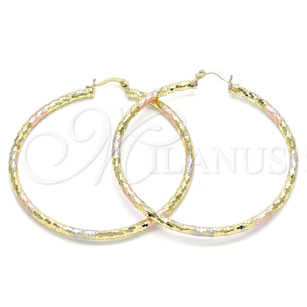 Gold Filled Hoop Earrings — Large Hoop Hollow Design Diamond Cutting Tricolor 02. — main product view — SKU 143900 | Oro Laminado aretes de aro — Large Hoop Hollow diseño Diamond Cutting Tricolor 02. — SKU 143900
