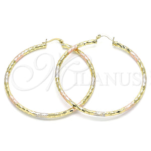 Gold Filled Hoop Earrings — Large Hoop Hollow Design Diamond Cutting Tricolor 02. — main product view — SKU 143900 | Oro Laminado aretes de aro — Large Hoop Hollow diseño Diamond Cutting Tricolor 02. — SKU 143900