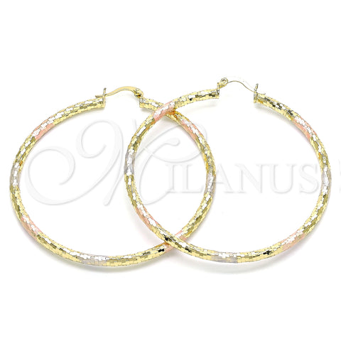Oro Laminado Large Hoop, Gold Filled Style Hollow Design, Diamond Cutting Finish, Tricolor, 02.213.0252.1.60