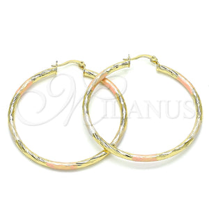 Gold Filled Hoop Earrings — Large Hoop Hollow Design Diamond Cutting Tricolor 02. — main product view — SKU 143902 | Oro Laminado aretes de aro — Large Hoop Hollow diseño Diamond Cutting Tricolor 02. — SKU 143902