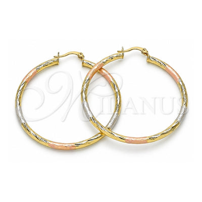 Oro Laminado Large Hoop, Gold Filled Style Hollow Design, Diamond Cutting Finish, Tricolor, 02.213.0254.50