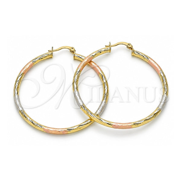 Oro Laminado Large Hoop, Gold Filled Style Hollow Design, Diamond Cutting Finish, Tricolor, 02.213.0254.50