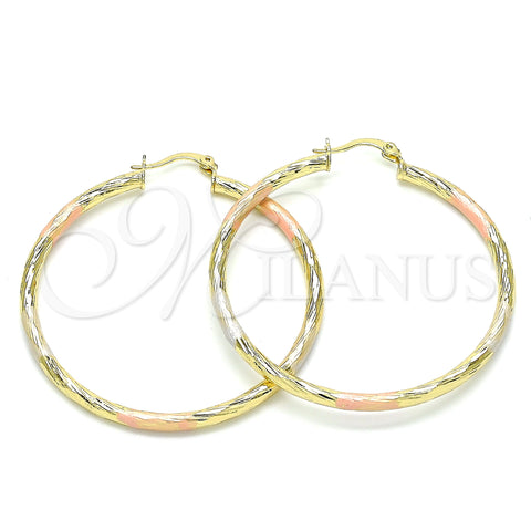 Oro Laminado Large Hoop, Gold Filled Style Hollow Design, Diamond Cutting Finish, Tricolor, 02.213.0254.50