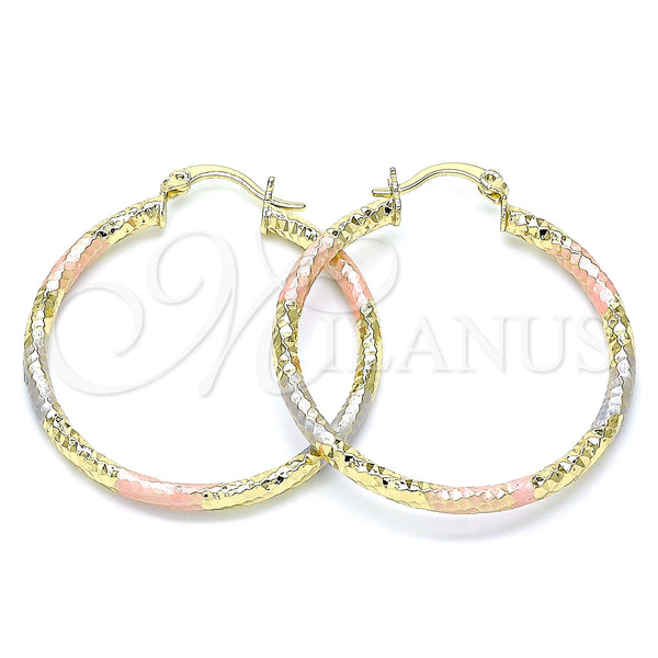 Gold Filled Hoop Earrings — Medium Hoop Diamond Cutting Tricolor 02. — main product view — SKU 143905 | Oro Laminado aretes de aro — Medium Hoop Diamond Cutting Tricolor 02. — SKU 143905