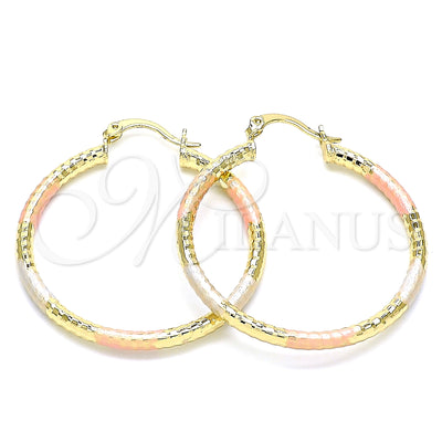 Oro Laminado aretes de aro — Medium Hoop Diamond Cutting Tricolor 02. por Mayoreo, vista principal del producto