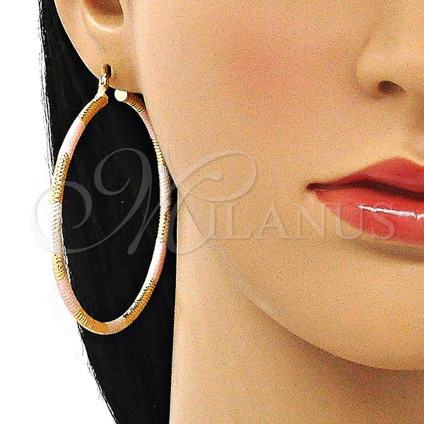 Gold Filled Hoop Earrings — Large Hoop Diamond Cutting Tricolor 02. — alternate product view — SKU 143915 | Oro Laminado aretes de aro — Large Hoop Diamond Cutting Tricolor 02. — SKU 143915