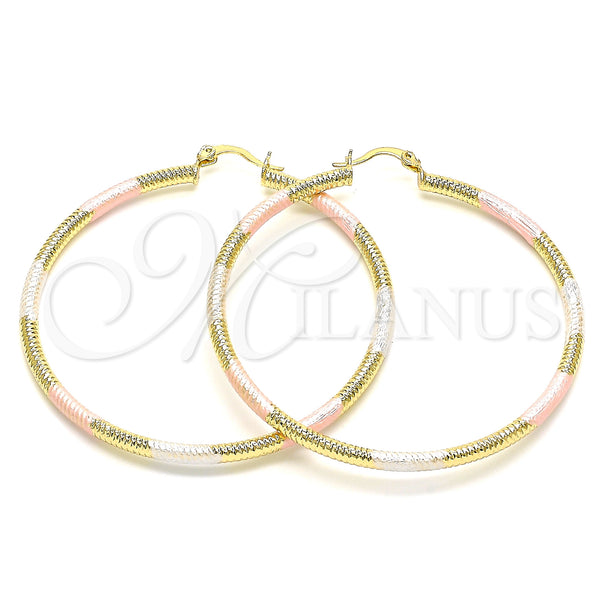 Gold Filled Hoop Earrings — Large Hoop Diamond Cutting Tricolor 02. — main product view — SKU 143915 | Oro Laminado aretes de aro — Large Hoop Diamond Cutting Tricolor 02. — SKU 143915